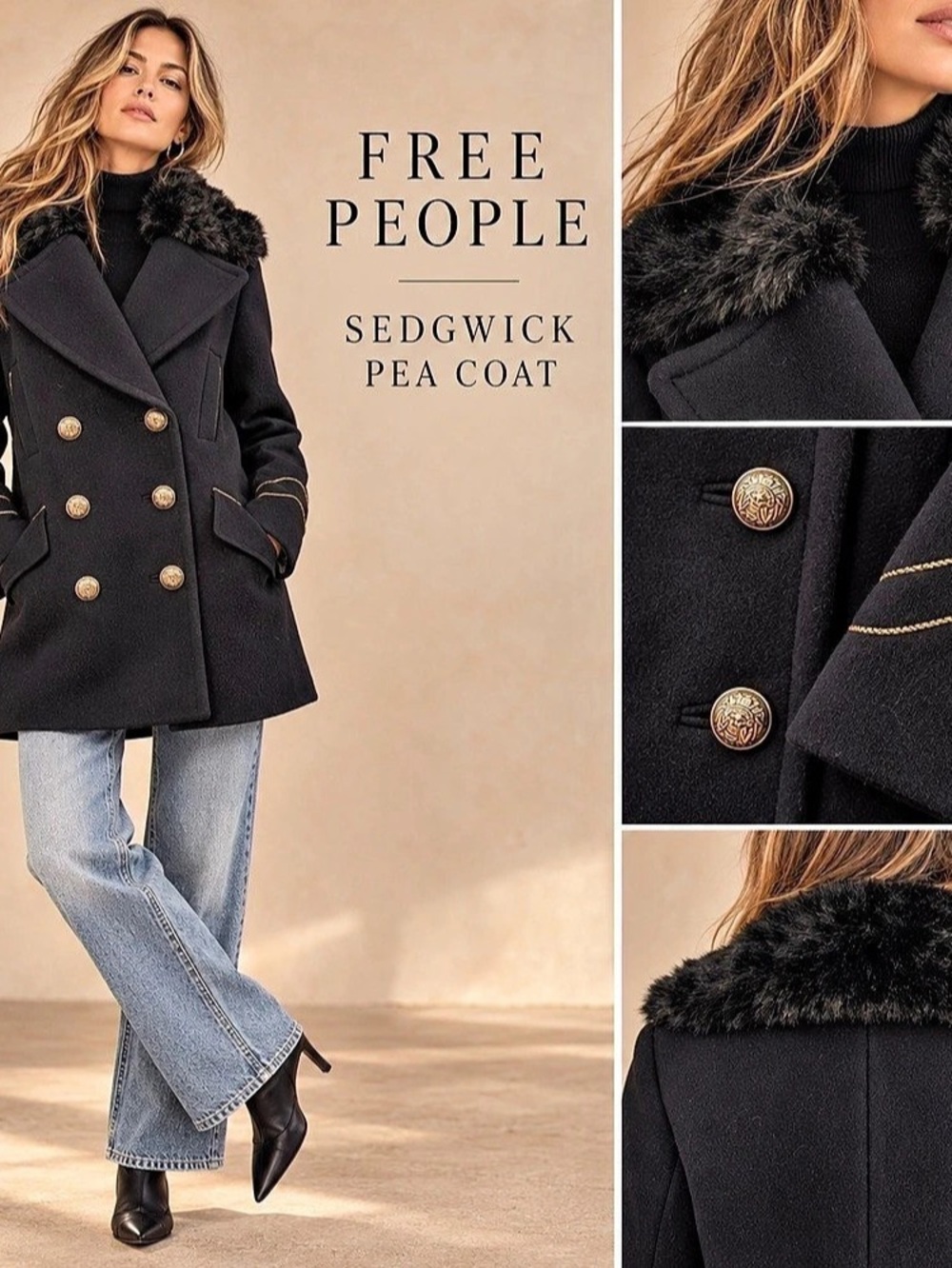 Free People Sedgwick Pea Coat Black Faux-Fur Collar EUC Small
